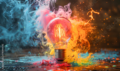 A light bulb is lit up in a colorful explosion of smoke