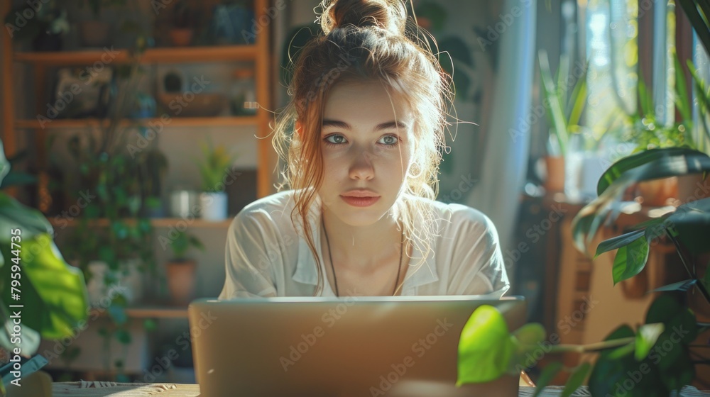 A young professional woman is focused on her work as she sits in front of a laptop computer. A young professional woman is focused on her work as she sits in front of a laptop computer.