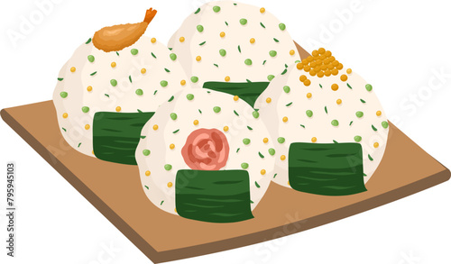  Japanese food onigiri rice ball. Onigiri japanese rice ball  with nory seaweed various taste. Asian rice food. Japanese fast food.