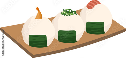  Japanese food onigiri rice ball. Onigiri japanese rice ball  with nory seaweed various taste. Asian rice food. Japanese fast food.