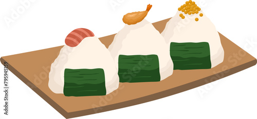  Japanese food onigiri rice ball. Onigiri japanese rice ball  with nory seaweed various taste. Asian rice food. Japanese fast food.