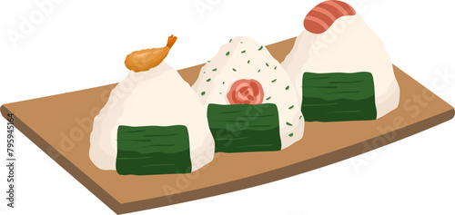  Japanese food onigiri rice ball. Onigiri japanese rice ball  with nory seaweed various taste. Asian rice food. Japanese fast food.