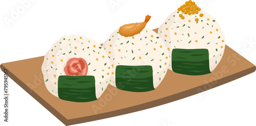  Japanese food onigiri rice ball. Onigiri japanese rice ball  with nory seaweed various taste. Asian rice food. Japanese fast food.