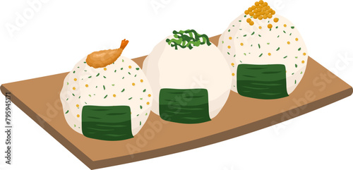  Japanese food onigiri rice ball. Onigiri japanese rice ball  with nory seaweed various taste. Asian rice food. Japanese fast food.