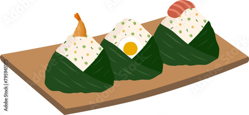  Japanese food onigiri rice ball. Onigiri japanese rice ball  with nory seaweed various taste. Asian rice food. Japanese fast food.