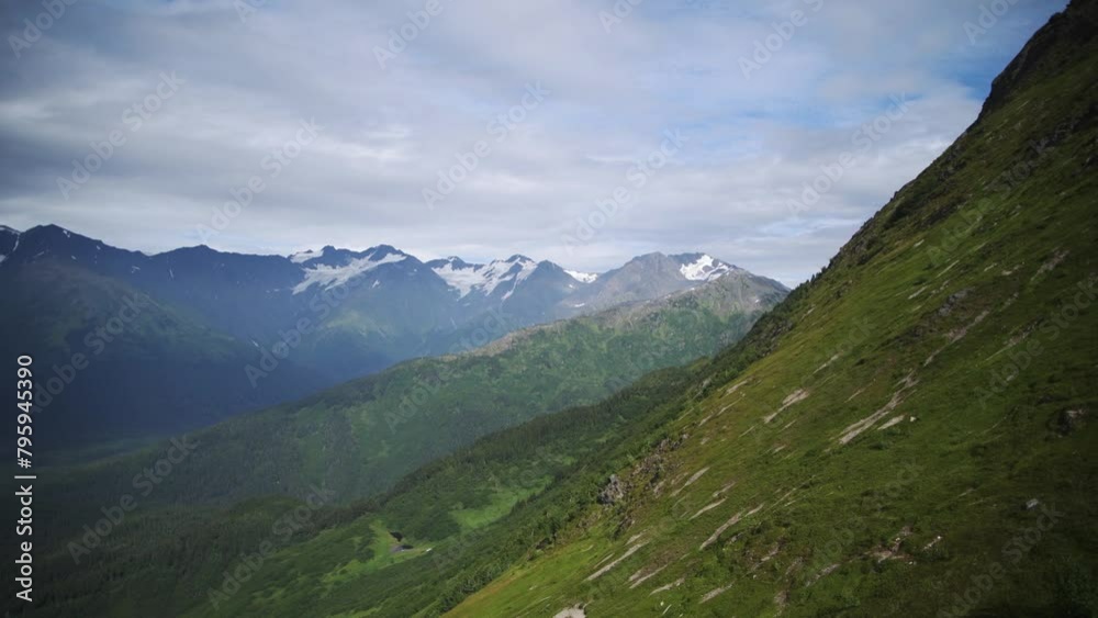 A panned breathtaking view of the Chugach Mountain Range in Girdwood, Alaska A panned breathtaking view of the Chugach Mountain Range in Girdwood, Alaska