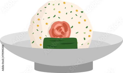  Japanese food onigiri rice ball. Onigiri japanese rice ball  with nory seaweed various taste. Asian rice food. Japanese fast food.
