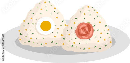  Japanese food onigiri rice ball. Onigiri japanese rice ball  with nory seaweed various taste. Asian rice food. Japanese fast food.