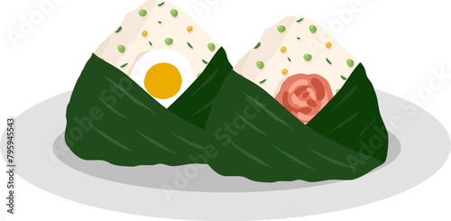 Japanese food onigiri rice ball. Onigiri japanese rice ball  with nory seaweed various taste. Asian rice food. Japanese fast food.