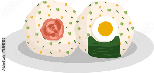  Japanese food onigiri rice ball. Onigiri japanese rice ball  with nory seaweed various taste. Asian rice food. Japanese fast food.