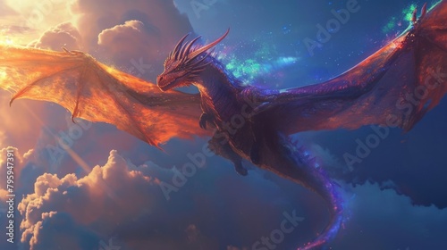 dragon flying through the sky with iridescent scales shimmering like a rainbow