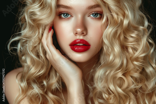 Sunlit Serenade Blonde Tresses' Twirl Curly Grace World Model's Charm Radiant and Rare Capturing Beauty with Flair