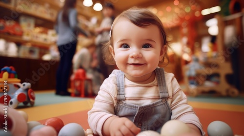 baby toddler playing colorful toys at home or nursery. Newborn baby smiling at camera at play center.