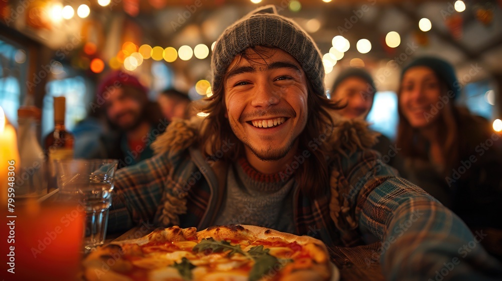 A man sitting at a table enjoying a pizza. A man sitting at a table enjoying a pizza.