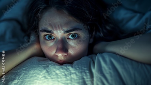 Overhead shot of a terrified young woman in bed, gripping her head in fear, with wide eyes