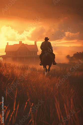 Silhouette of Cowboy Riding Across Vast Grassland Horizon © idea