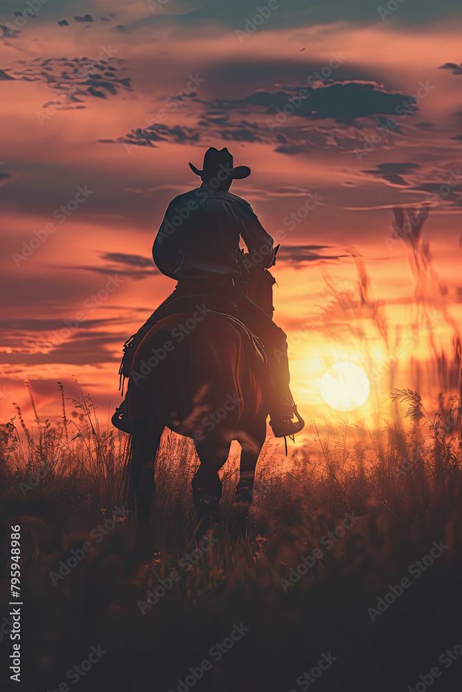 Fototapeta premium Silhouette of Cowboy Riding Across Vast Grassland Horizon