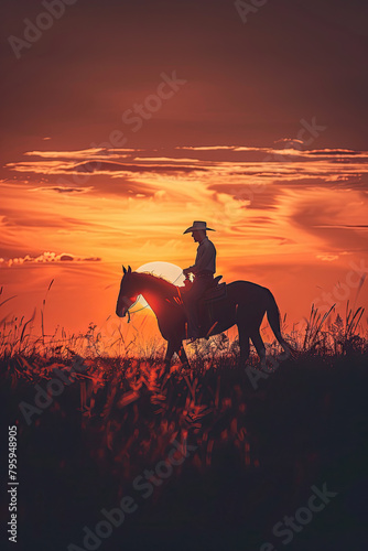 Silhouette of Cowboy Riding Across Vast Grassland Horizon