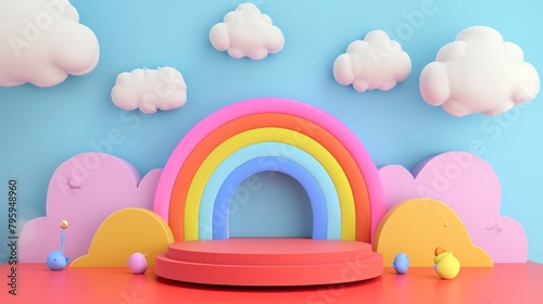 empty podium for display with rainbow   clouds and floating balloons