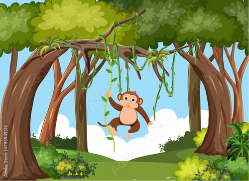 Cartoon monkey swinging on vines in a lush forest.