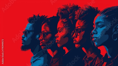 Strength in Diversity: Dynamic Duotone Stencil Art Illustration of a Row of Diverse Individuals, Symbolizing Unity and Determination