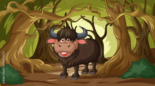Cartoon yak smiling in a lush forest setting.