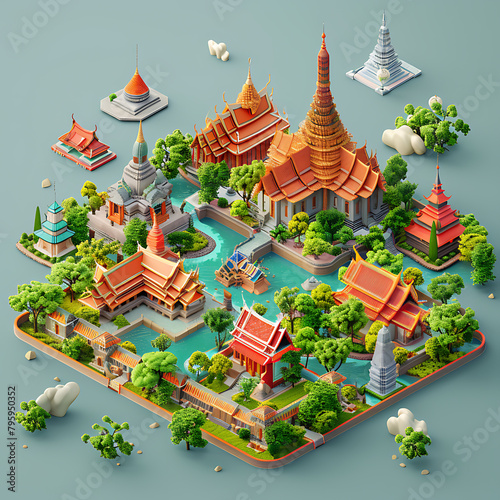 Cute isometric 3D render of province in Tthailand, capturing the famous places and atmosphere of this province, keep center,solid color background, sharp detail, beautiful, editorial  photo