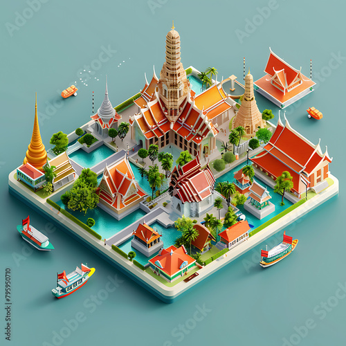 Cute isometric 3D render of province in Tthailand, capturing the famous places and atmosphere of this province, keep center,solid color background, sharp detail, beautiful, editorial 