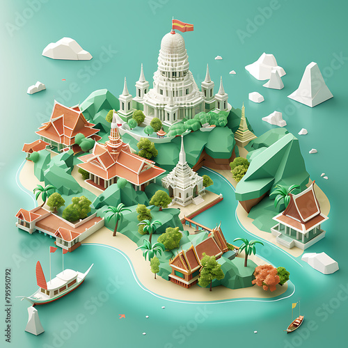 Cute isometric 3D render of province in Tthailand, capturing the famous places and atmosphere of this province, keep center,solid color background, sharp detail, beautiful, editorial 