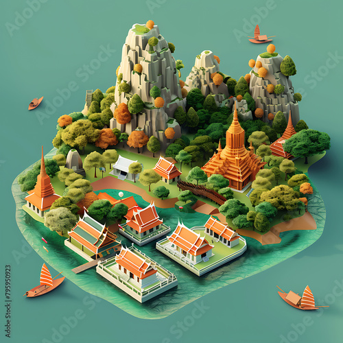 Cute isometric 3D render of province in Tthailand, capturing the famous places and atmosphere of this province, keep center,solid color background, sharp detail, beautiful, editorial 