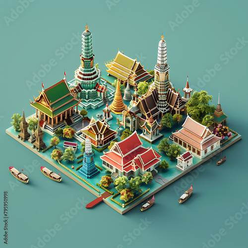 Cute isometric 3D render of province in Tthailand, capturing the famous places and atmosphere of this province, keep center,solid color background, sharp detail, beautiful, editorial 