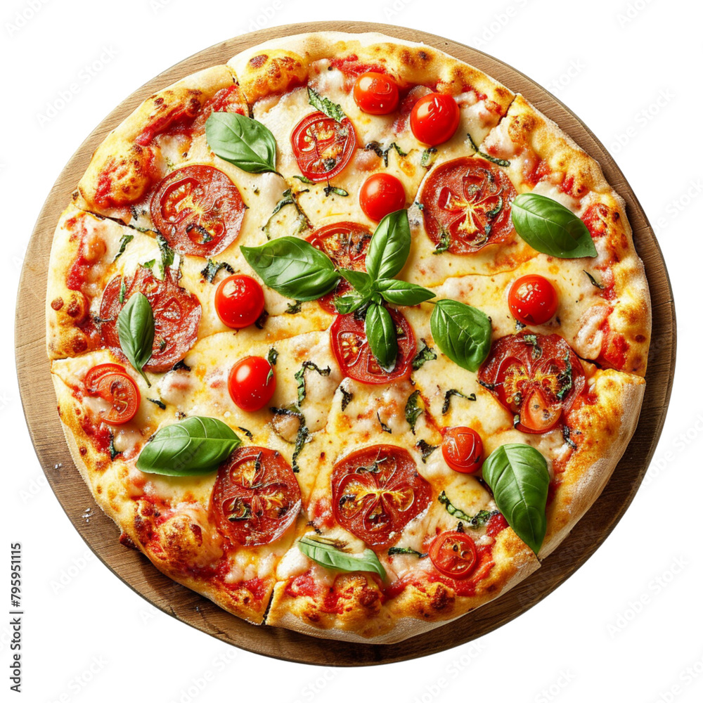 Tasty pizza with cheese, tomato, and leaf on a wooden board top view