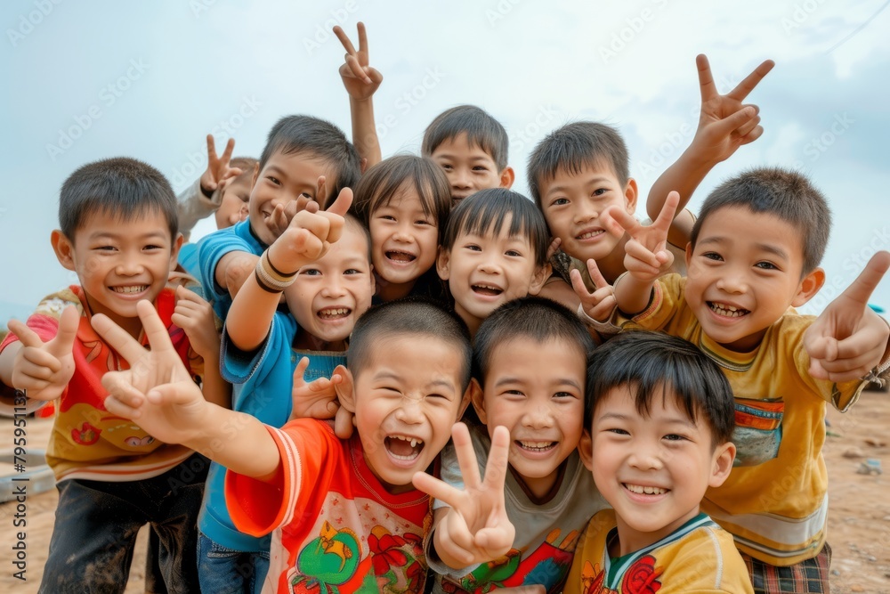 Group of happy asian children showing victory sign on the beach. Group of happy asian children showing victory sign on the beach.