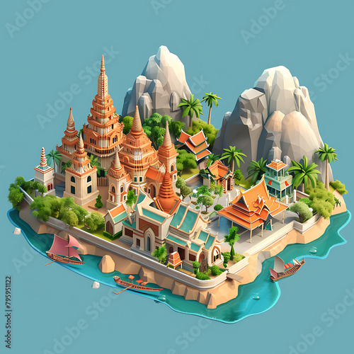 Cute isometric 3D render of province in Tthailand, capturing the famous places and atmosphere of this province, keep center,solid color background, sharp detail, beautiful, editorial 