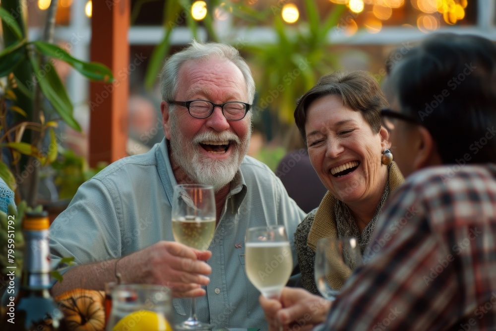 Group of seniors having a great time in a restaurant. Cheerful senior men and women clinking glasses of champagne and laughing. Group of seniors having a great time in a restaurant. Cheerful senior men and women clinking glasses of champagne and laughing.