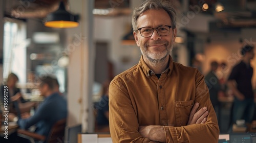 Confidence at Work  Portrait of a Smiling Middle-Aged Businessman with Arms Crossed in a Casual Outfit and Glasses  Colleagues Busy in the Background