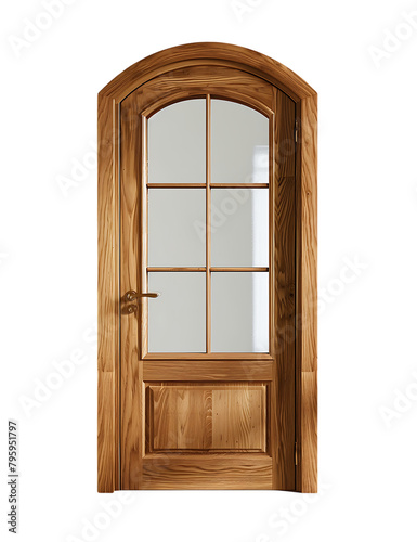 A simple wooden door with glass windows on white background