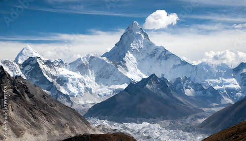Mount Everest. Everest towering high against the blue sky. Mount Everest, the world's tallest mountain. photo
