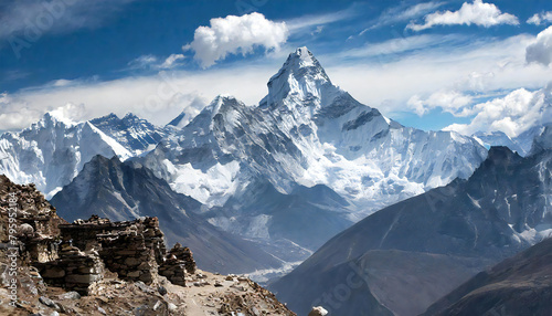 Mount Everest. Everest towering high against the blue sky. Mount Everest, the world's tallest mountain.