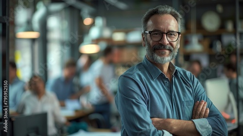 Confidence at Work: Portrait of a Smiling Middle-Aged Businessman with Arms Crossed in a Casual Outfit and Glasses, Colleagues Busy in the Background