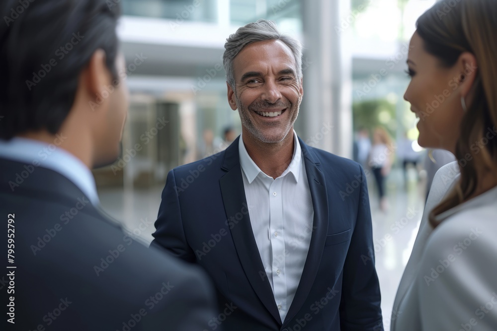Portrait of happy mature businessman looking at camera during meeting with colleagues in office Portrait of happy mature businessman looking at camera during meeting with colleagues in office