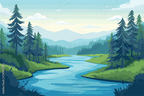   Beautiful river flowing through a green forest and blue sky  Blue river flowing across green forest background
