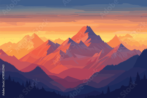 Mountain lake during sunset, Evening orange mountains of the European alps, Mountains at sunset, Mountain landscape at sunset with clouds