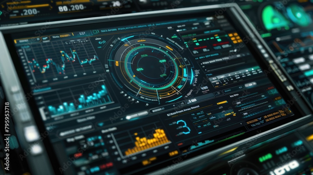 Futuristic spaceship control panel with digital displays