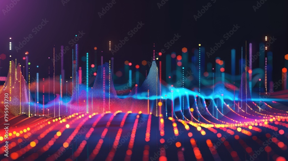 A digital landscape with glowing particles representing data and sound waves. A digital landscape with glowing particles representing data and sound waves.