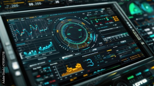 Futuristic spaceship control panel with digital displays photo