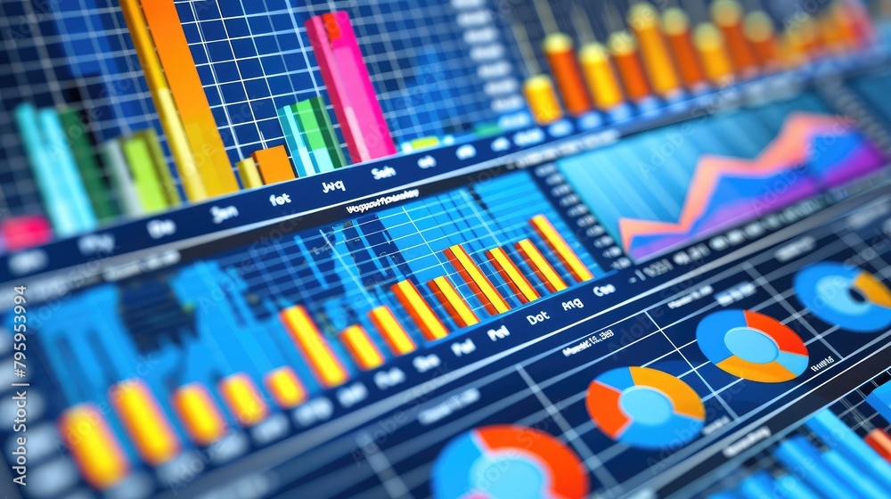 A dashboard of charts and graphs showing financial data. A dashboard of charts and graphs showing financial data.