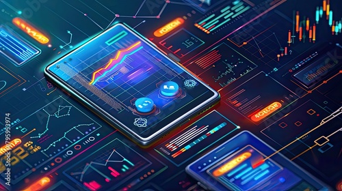 A futuristic illustration of a smartphone with various graphs and data displayed on the screen.