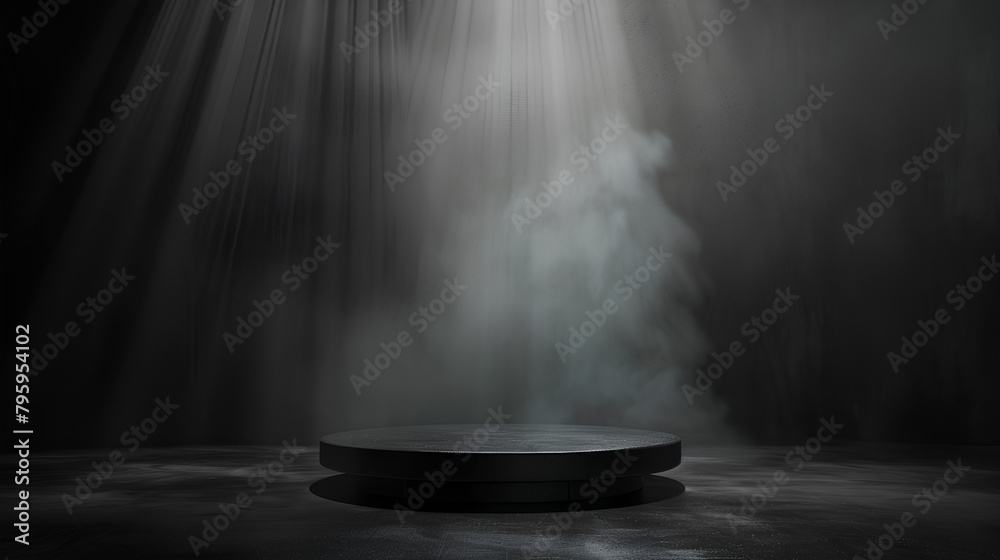 Podium black dark smoke background product platform abstract stage texture fog spotlight. Dark black floor podium dramatic empty night room table concrete wall scene place display studio smoky dust