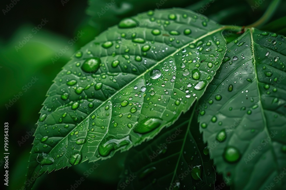 A leaf with water droplets on it. The droplets are small and scattered, giving the impression of a light rain. The leaf is green and he is fresh and healthy - generative ai A leaf with water droplets on it. The droplets are small and scattered, giving the impression of a light rain. The leaf is green and he is fresh and healthy - generative ai